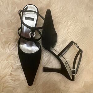 Stuart Weitzman 7 Black Satin Strappy Heels | Rhinestone Circle, Spain Y2K
